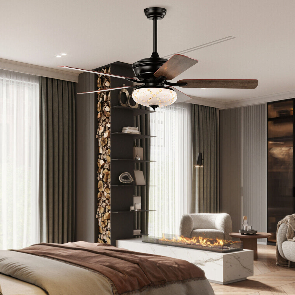 52-inch black ceiling fan with 5 reversible blades, remote control, and 3 wind speeds, perfect for retro home decor.