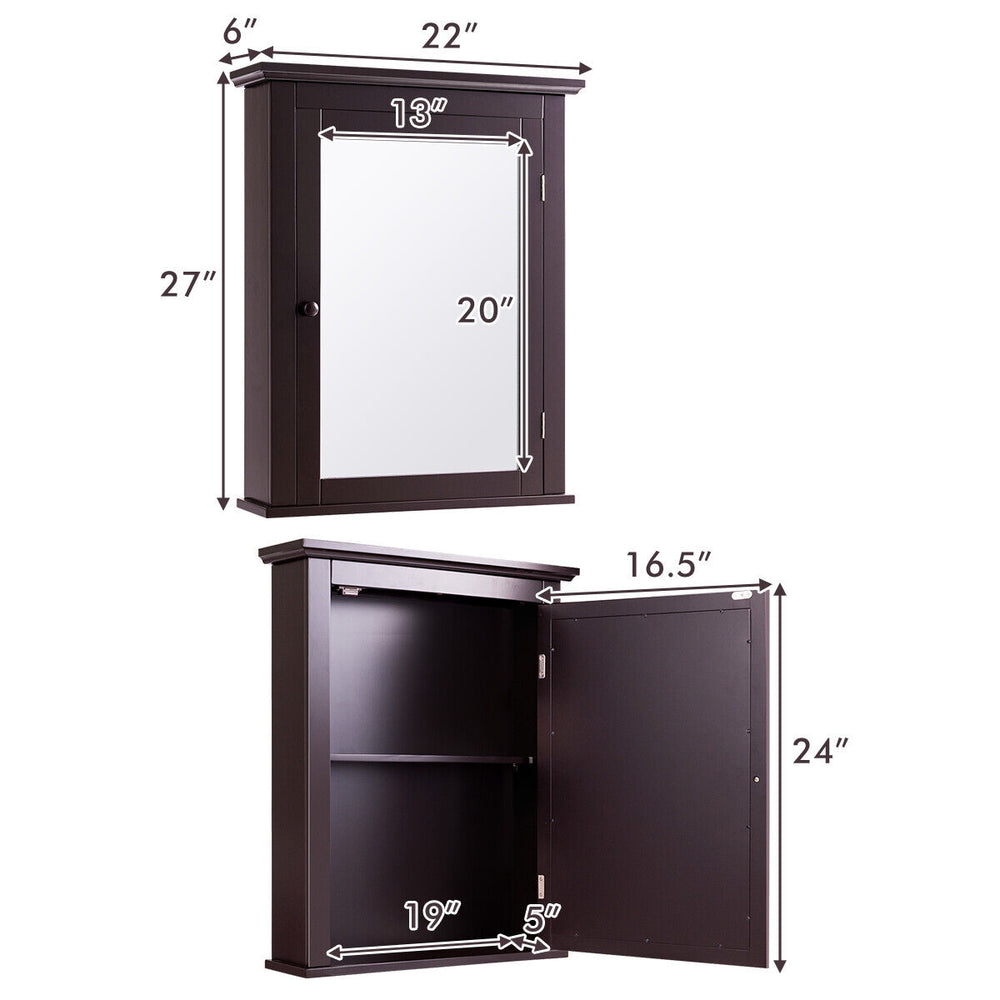 Bathroom wall-mounted storage mirror medicine cabinet with dimensions, featuring a magnetic lock and two-tier storage.