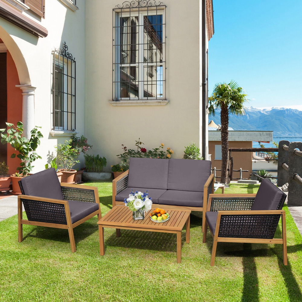 4 Pieces Patio Rattan Furniture Set with Removable Cushions-Gray - Gallery View 1 of 8