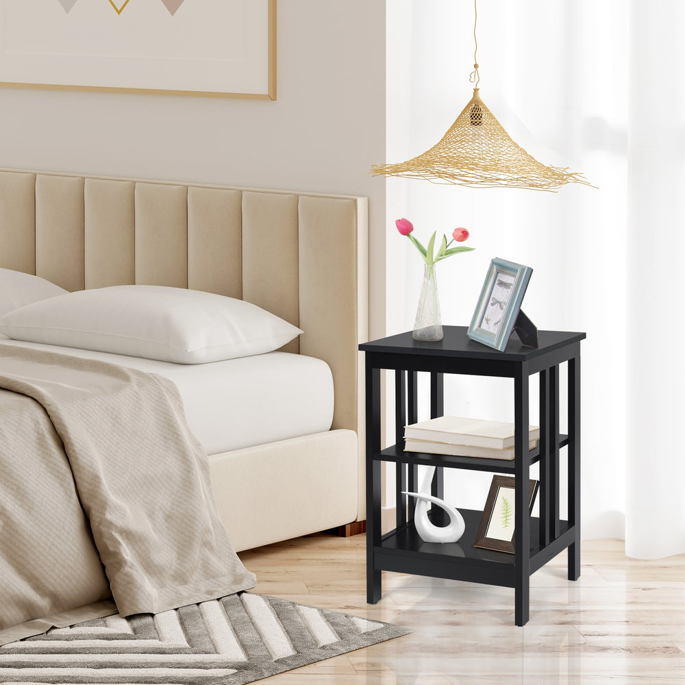 3-tier black nightstand with round corners and open compartments, perfect for bedroom or living room storage.