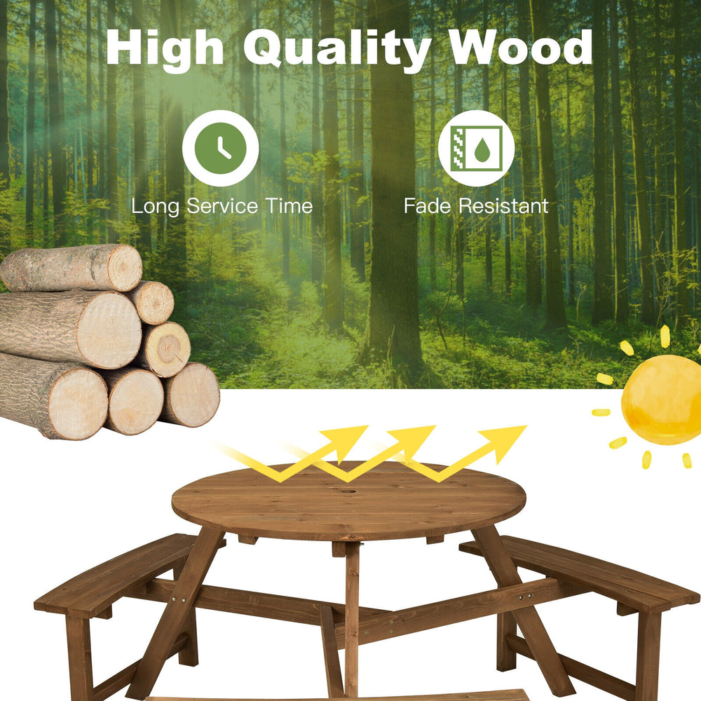 Round wooden picnic table with umbrella hole, dark brown, seats 6 with 3 built-in benches for outdoor gatherings.