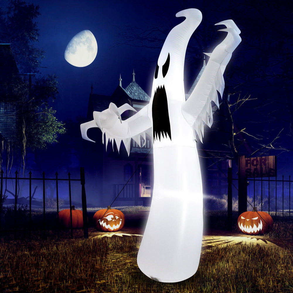 12-foot inflatable ghost with glowing LED lights, designed to haunt your yard for Halloween celebrations and spooky.