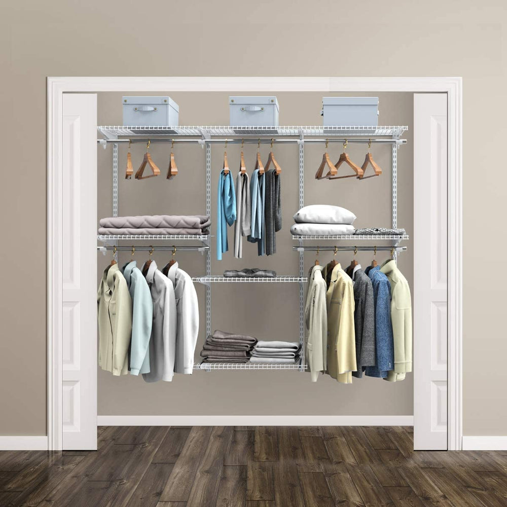 Adjustable wall-mounted closet rack system with shelves and hanging rods, made of powder-coated steel for durability.