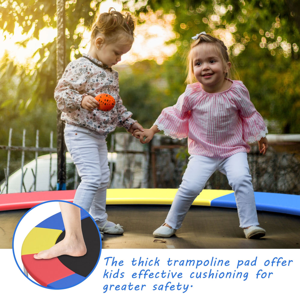 Thick EPE foam trampoline safety pad in multicolor, designed to cover springs and prevent foot injuries for outdoor use.