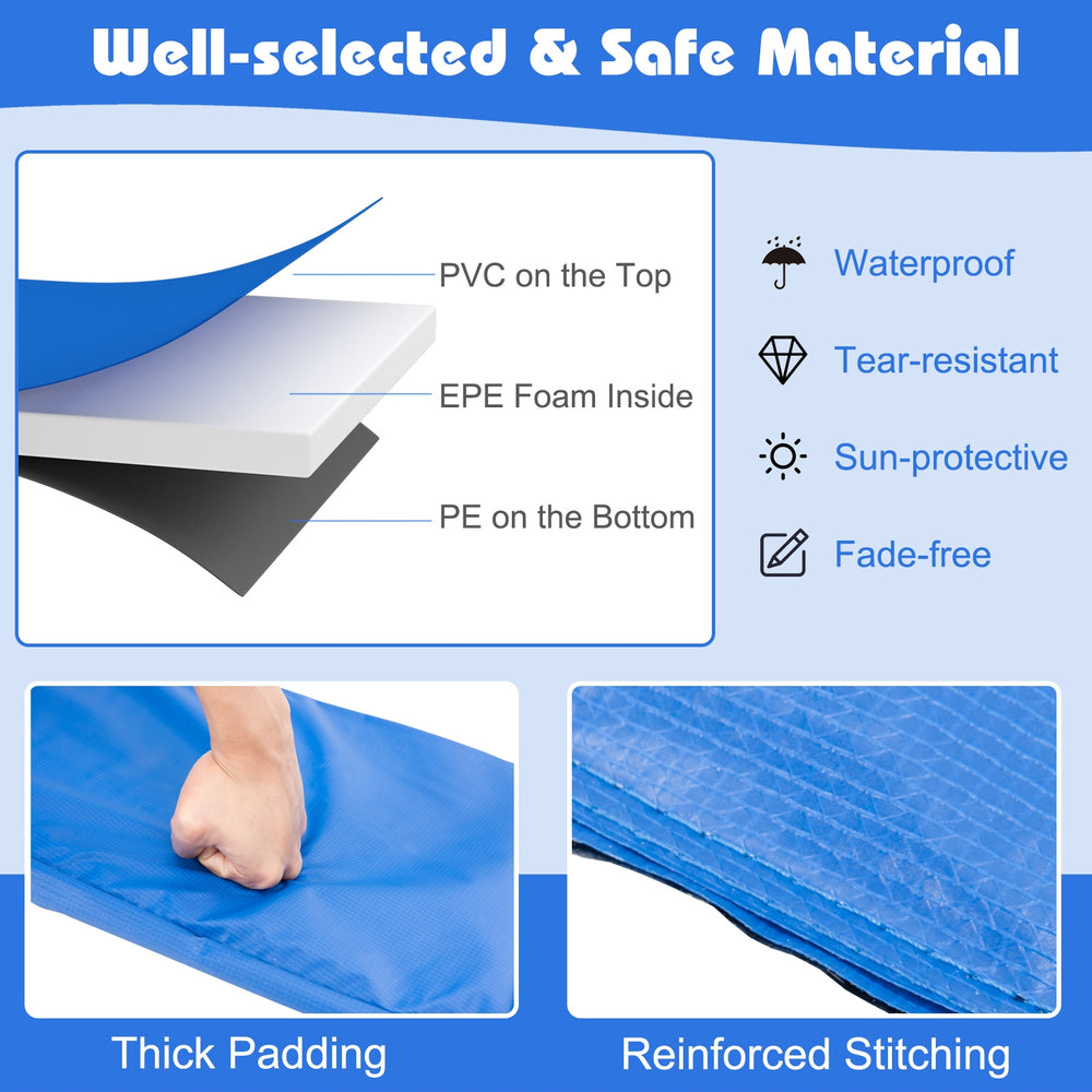 Multicolor trampoline spring cover pad with thick EPE foam, waterproof PVC, and PE for enhanced safety and comfort.
