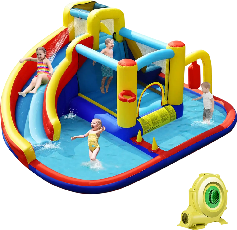 7-in-1 Inflatable Water Slide with 735W Air Blower and Splash Pool