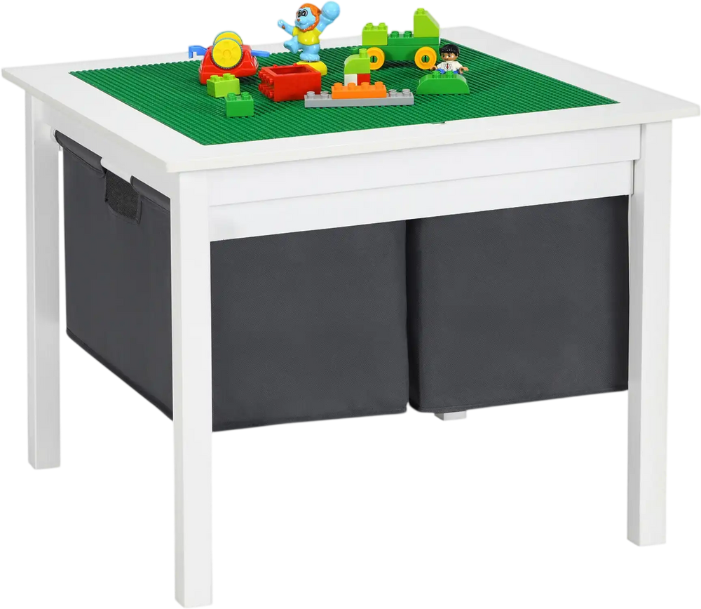 Kids double-sided activity table with drawers, featuring a green building block surface for creative play and storage.