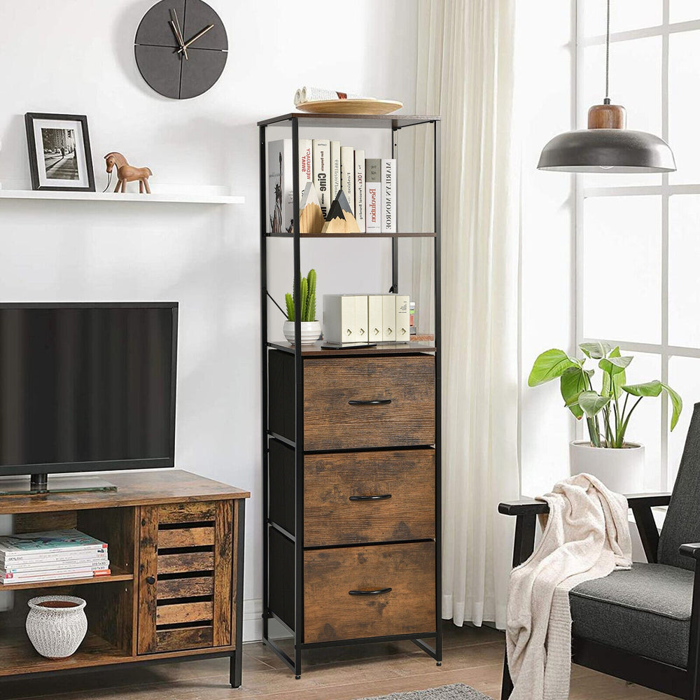 Freestanding vertical dresser in rustic brown with 3 drawers and 3 shelves, ideal for living room or bedroom storage.