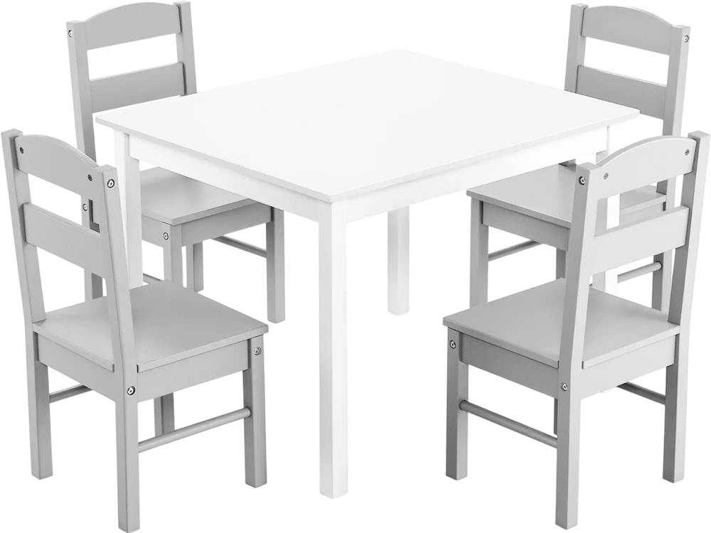Kids 5-piece table and chair set in white and gray, perfect for playroom activities and safe for toddlers.