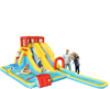 Inflatable Dual Slide Water Park with climbing wall, slides, and pool, perfect for outdoor summer fun.