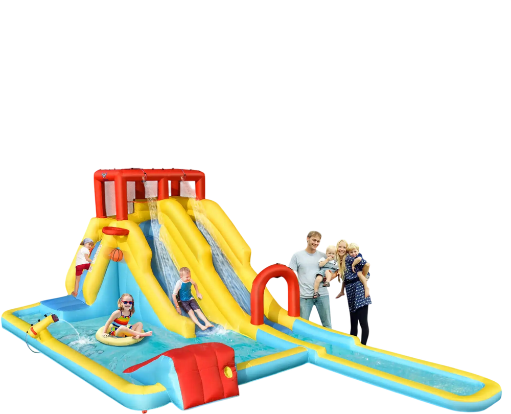 Inflatable Dual Slide Water Park with climbing wall, slides, and pool, perfect for outdoor summer fun.