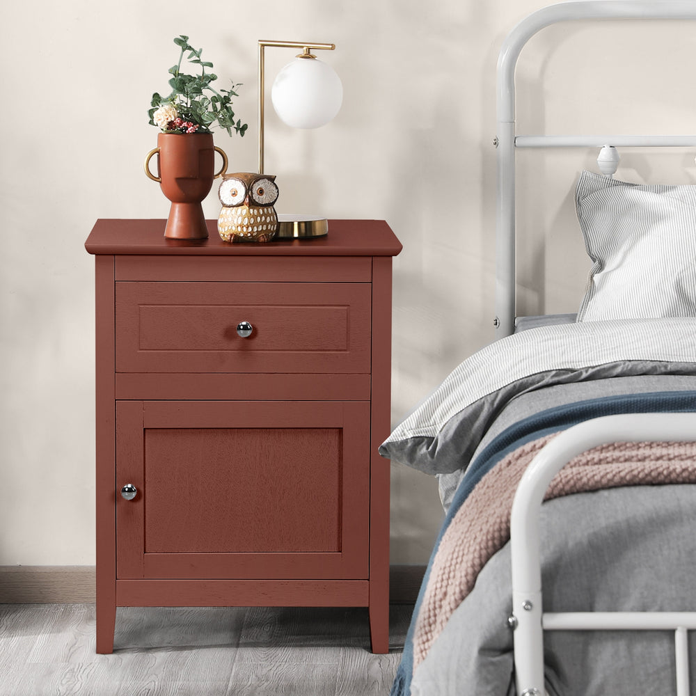 2-tier accent table in cherry with drawer and cabinet, perfect for bedside or living room storage and decor.