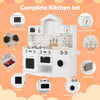Wooden kids kitchen playset featuring a washing machine, microwave, oven, and sink for imaginative play and creativity.