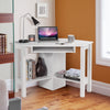 Corner wooden study computer desk in white with a large drawer and open shelves for storage, ideal for home office use.