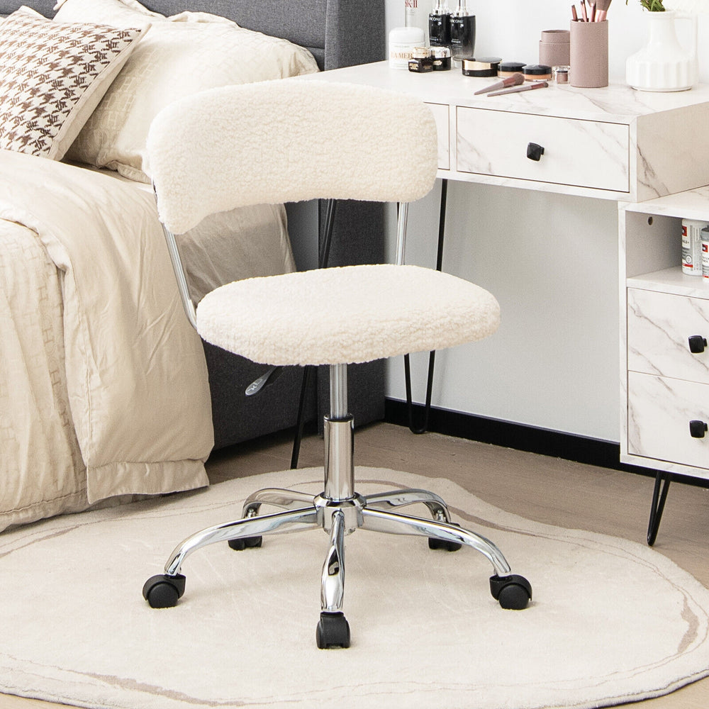 Sherpa swivel office chair in white with padded seat, adjustable height, and rolling casters for versatile use.