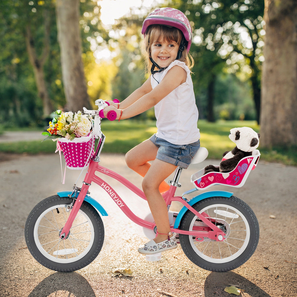Kids bicycle with training wheels, 14-inch pink frame, doll seat, and basket, perfect for ages 3-9 for outdoor.