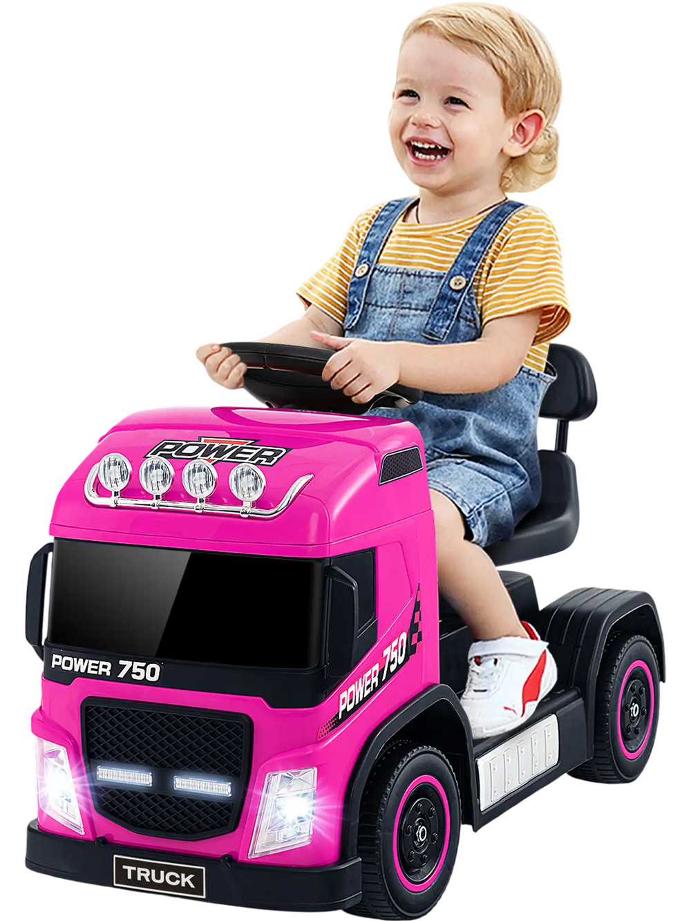Side view of a pink 6V kids electric ride-on truck showcasing large durable wheels and a functional foot pedal for safe.