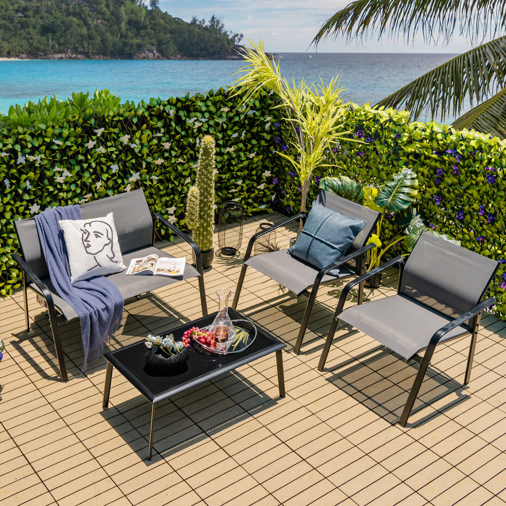 4 Pieces Patio Furniture Set with Armrest Loveseat Sofas and Glass Table Deck-Gray - Gallery View 1 of 9