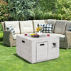 34-inch square gray concrete propane fire pit table with lava rocks, perfect for outdoor gatherings and patio use.