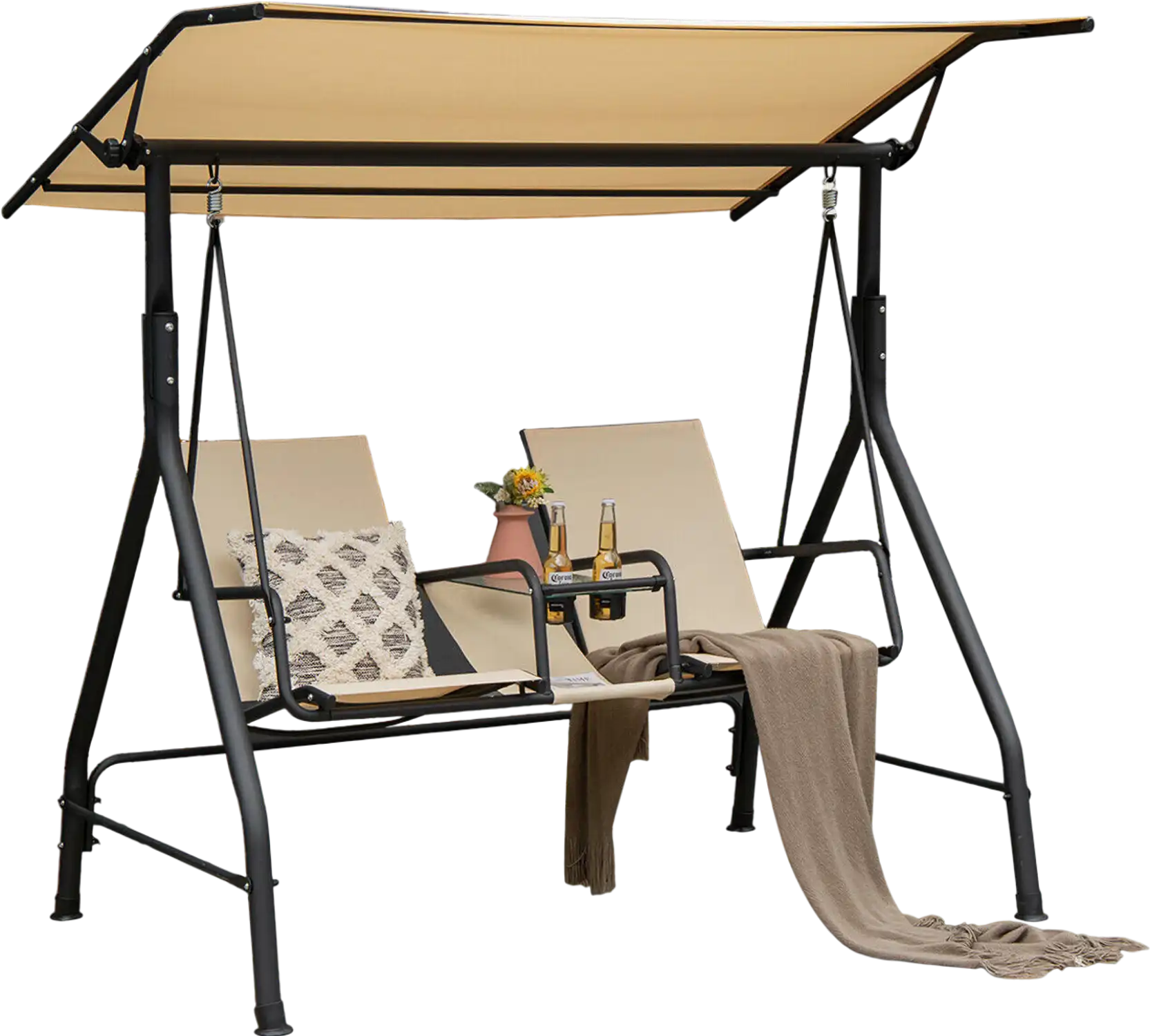 Costway 2-Seat Outdoor Cushioned Porch Swing w/ Adjustable Canopy & Tempered Glass Table Beige 47095168 New