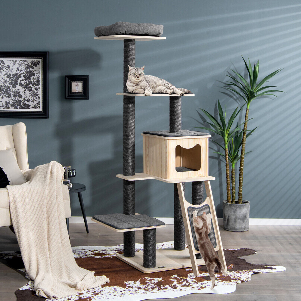 5-tier modern wood cat tower featuring a large condo, platforms, and washable gray cushions for feline comfort and play.