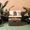 Rattan fire pit table set with propane tank holder, 40000 BTU heat, perfect for outdoor gatherings and dining.