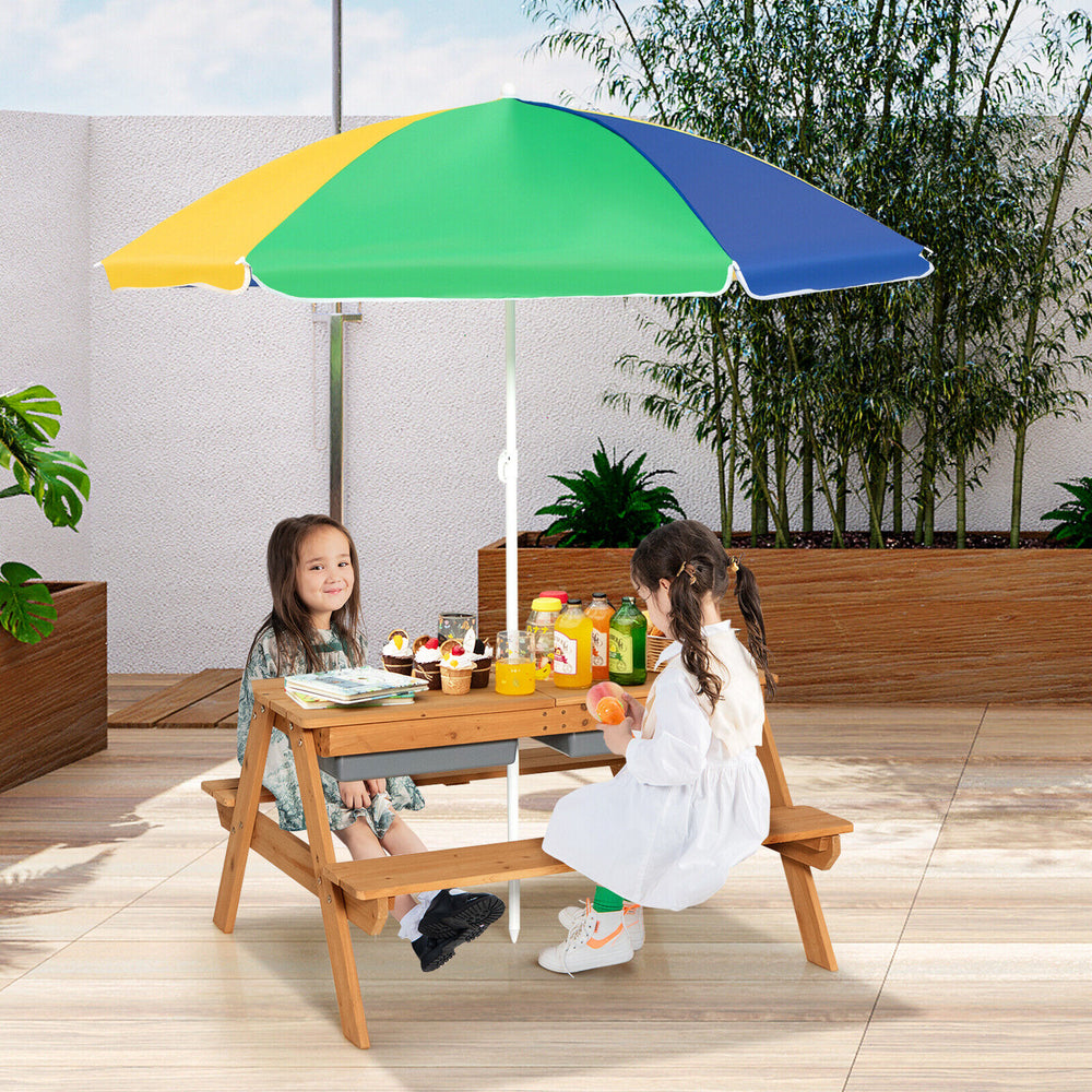 3-in-1 Kids Outdoor Picnic Water Sand Table with Umbrella Play Boxes-Yellow - Gallery View 1 of 11