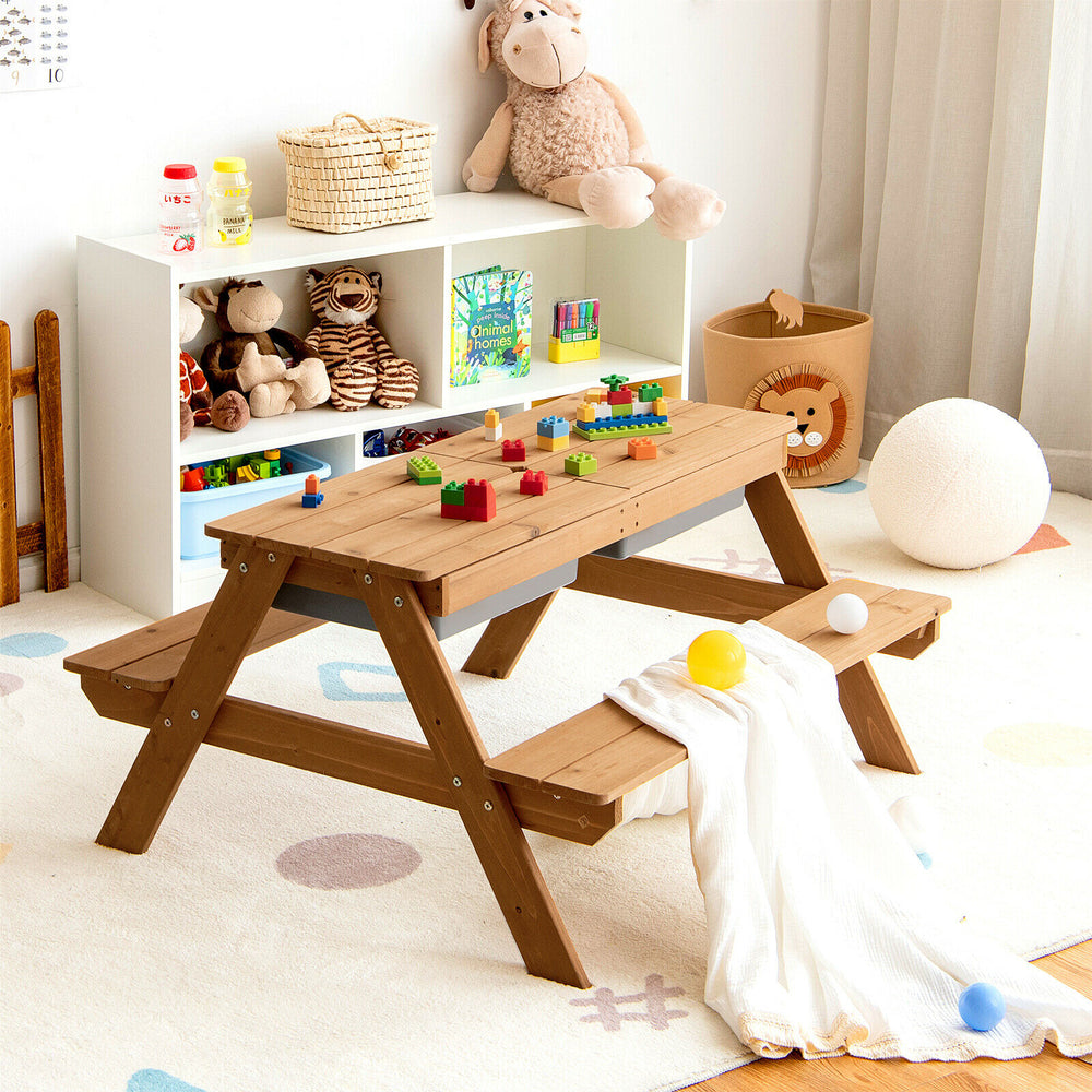 Kids outdoor picnic table with umbrella, made of durable fir wood, perfect for sand and water play in the yard or park.