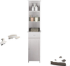 Tall white bathroom storage cabinet featuring open shelves and a drawer, ideal for organizing various items.