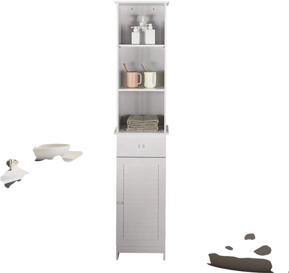Tall white bathroom storage cabinet featuring open shelves and a drawer, ideal for organizing various items.