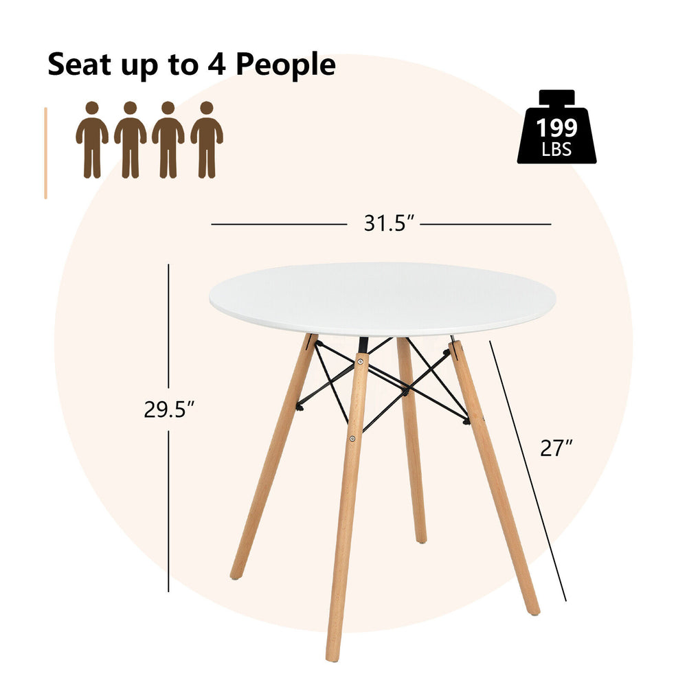 Round modern dining table with solid beech wood legs, 31.5-inch tabletop, seats up to 4 people, ideal for compact.