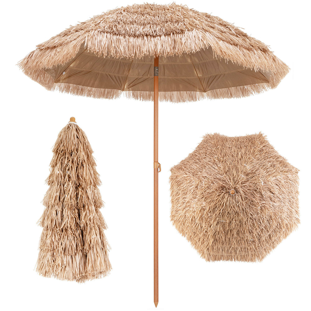 Thatched tiki umbrella with 7-layer dense thatch, durable polyester, and wooden-colored frame for outdoor patio use.