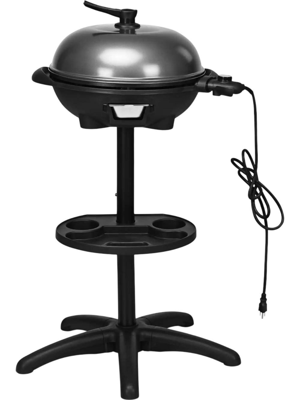 Outdoor electric BBQ grill with removable stand, 1350 W, 240 sq in grill plate, and rotatable condiment tray.