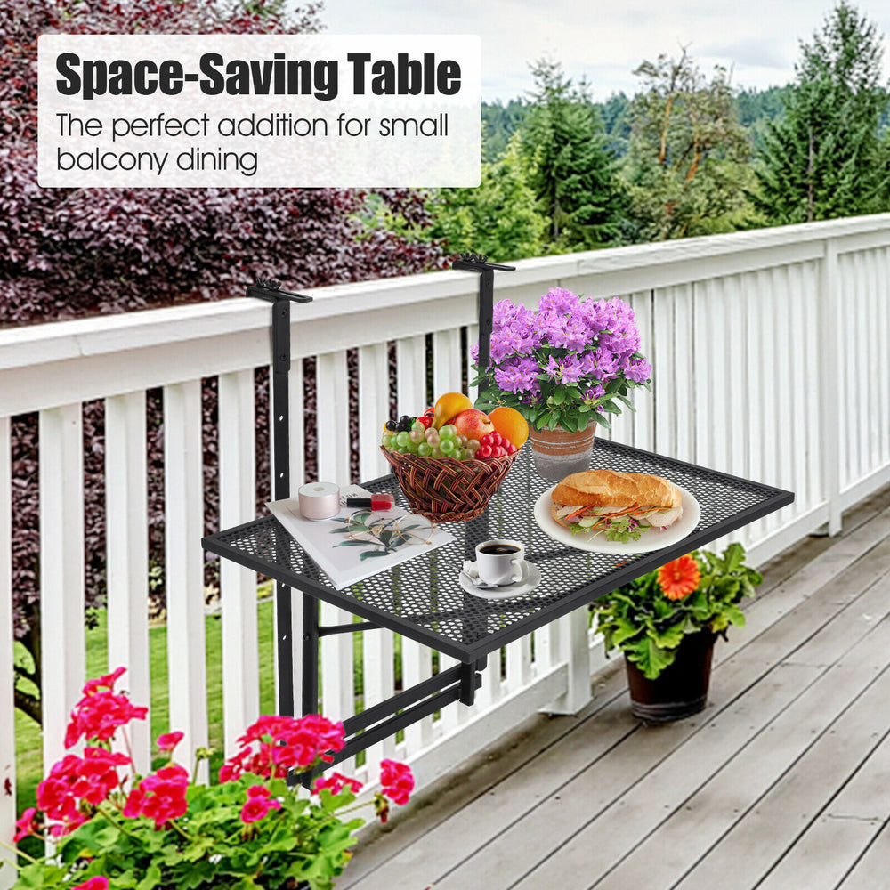 Railing folding table with adjustable heights, perfect for small balcony dining and space-saving convenience.