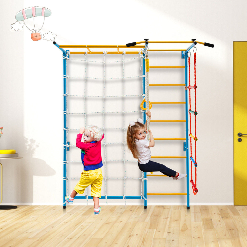 Kids indoor gym playground featuring a Swedish wall ladder with monkey bars and rope, designed for fun and exercise.