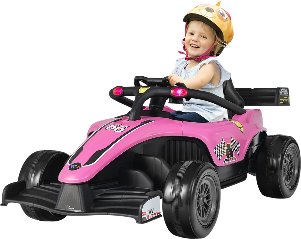 Kids ride-on electric Formula racing car in pink with remote control, designed for ages 3-7, featuring shock-absorbing.