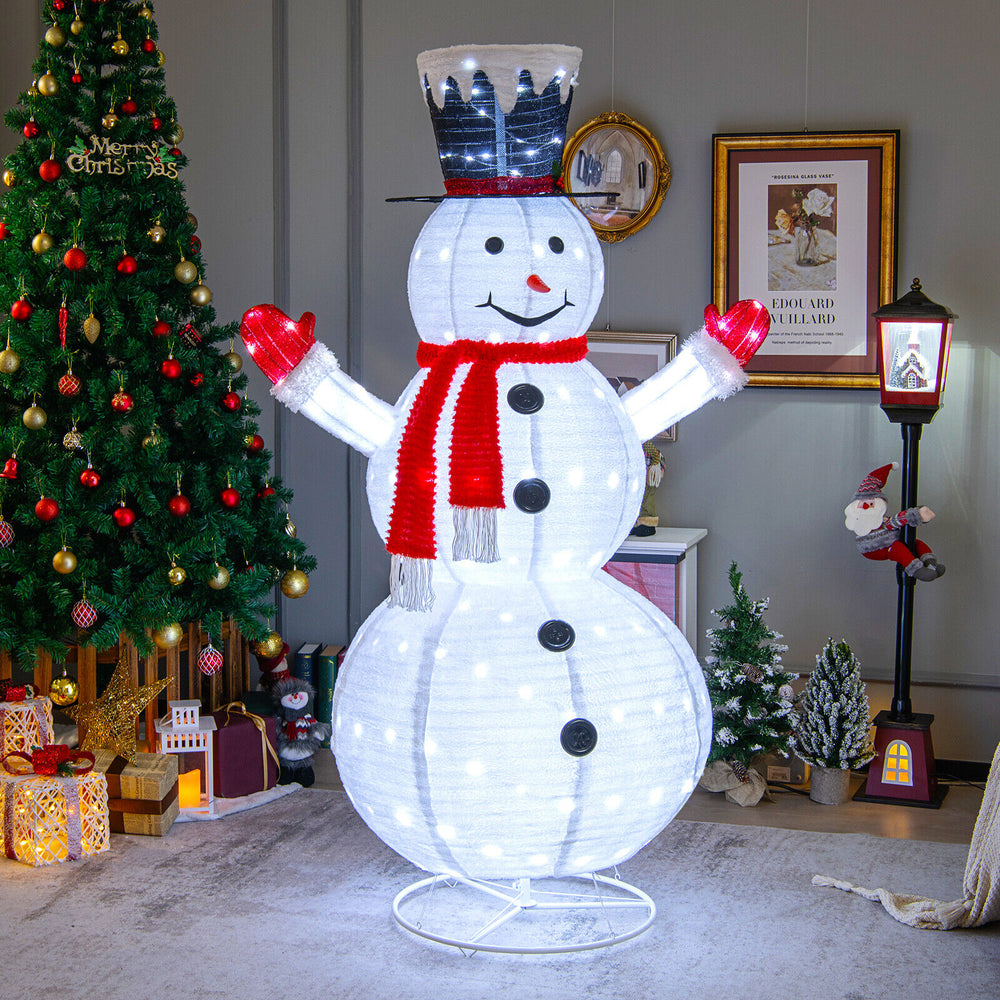 Lighted 6 feet snowman with top hat and red scarf, featuring 200 LED lights for vibrant outdoor holiday decor.
