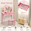 Kids pink makeup dressing table set with tri-folding mirrors and storage drawer, perfect for beauty and organization.