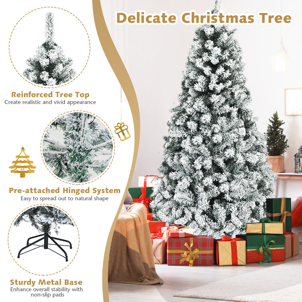 6 ft pre-lit snow flocked artificial Christmas tree with sturdy metal base, ideal for festive home and office.