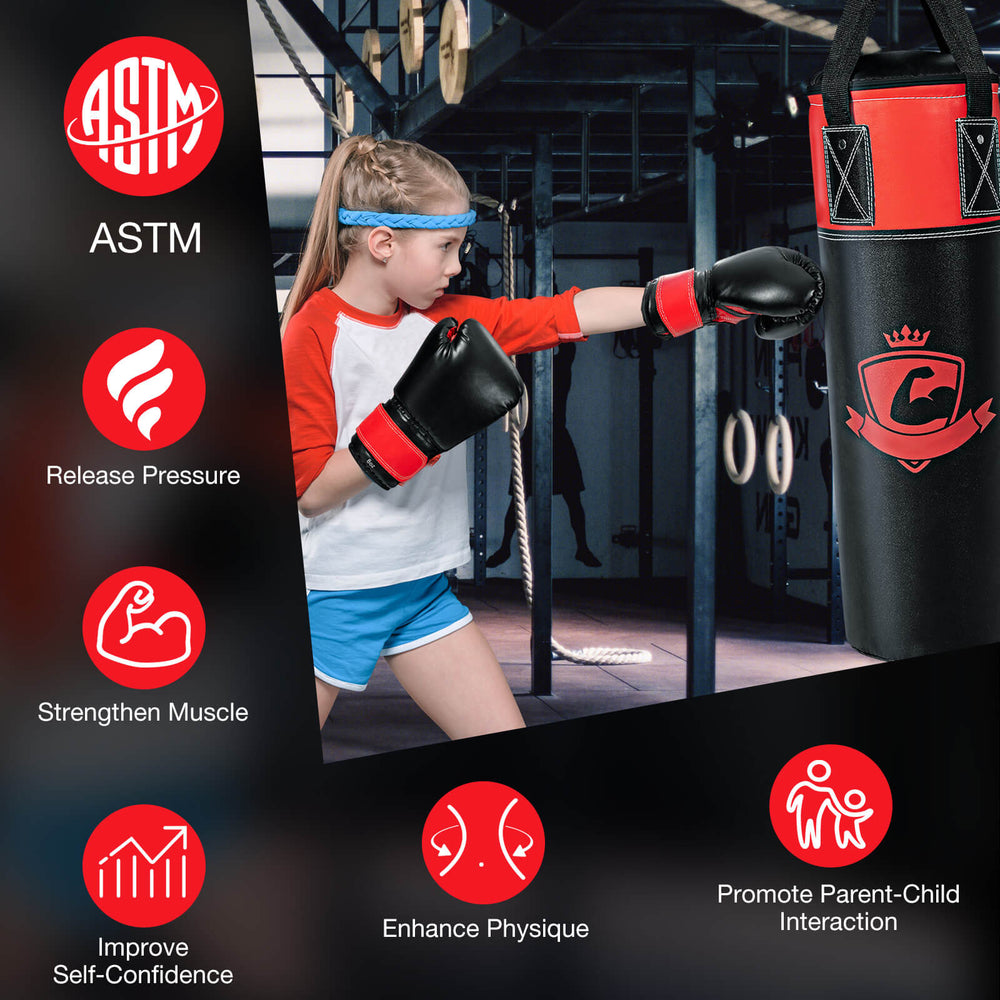 Kids hanging punching bag set with gloves, designed for Karate training, featuring durable materials and safety padding.