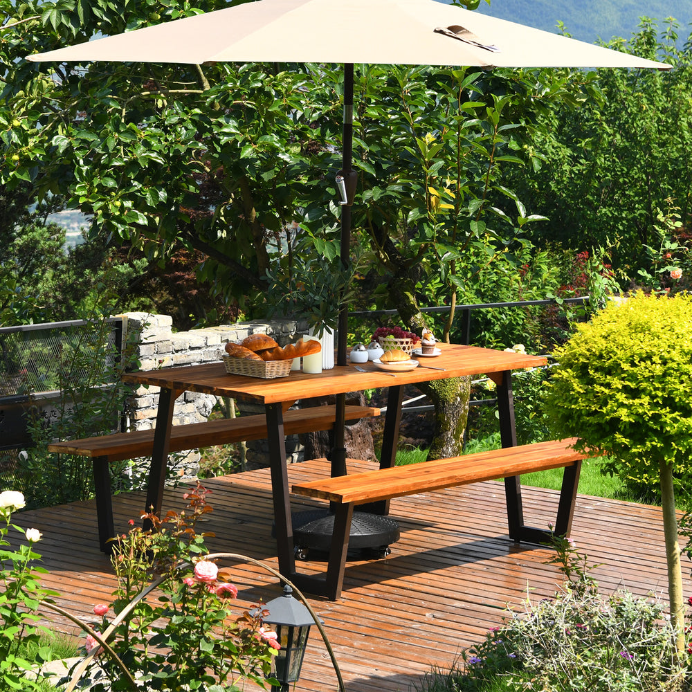 70-inch acacia wood dining table set with metal frame, featuring an umbrella hole, ideal for outdoor garden use.