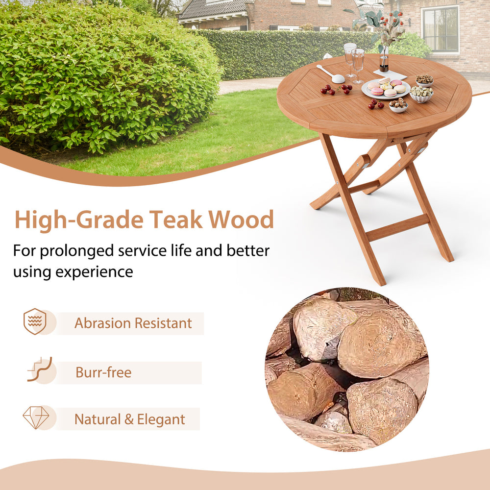 Round 31.5-inch folding coffee table made of high-grade teak wood, ideal for outdoor dining in backyard or poolside.
