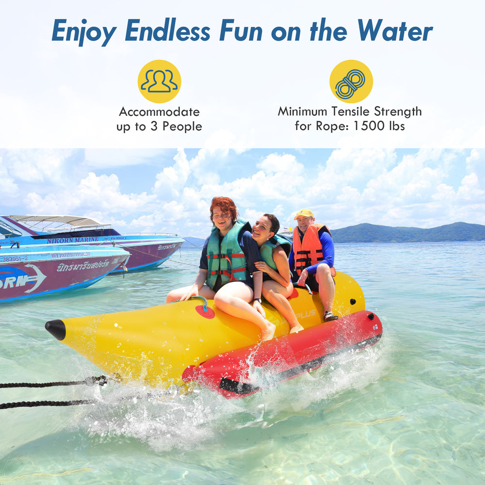 3-person inflatable banana boat in bright red and yellow, featuring non-slip seats and electric air pump for water fun.