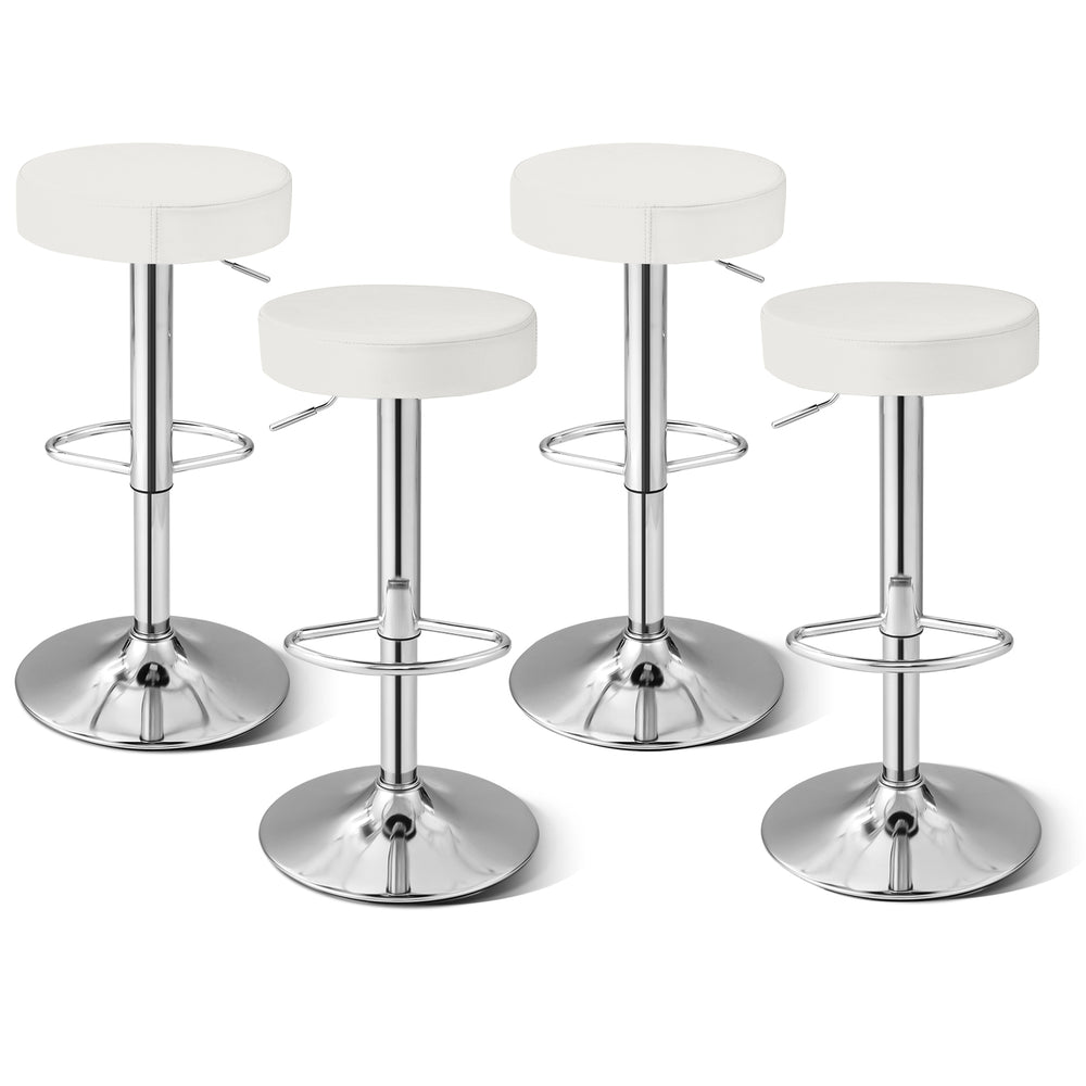 Set of 4 white PU leather swivel barstools with chrome footrests, adjustable height, perfect for bars or extra seating.