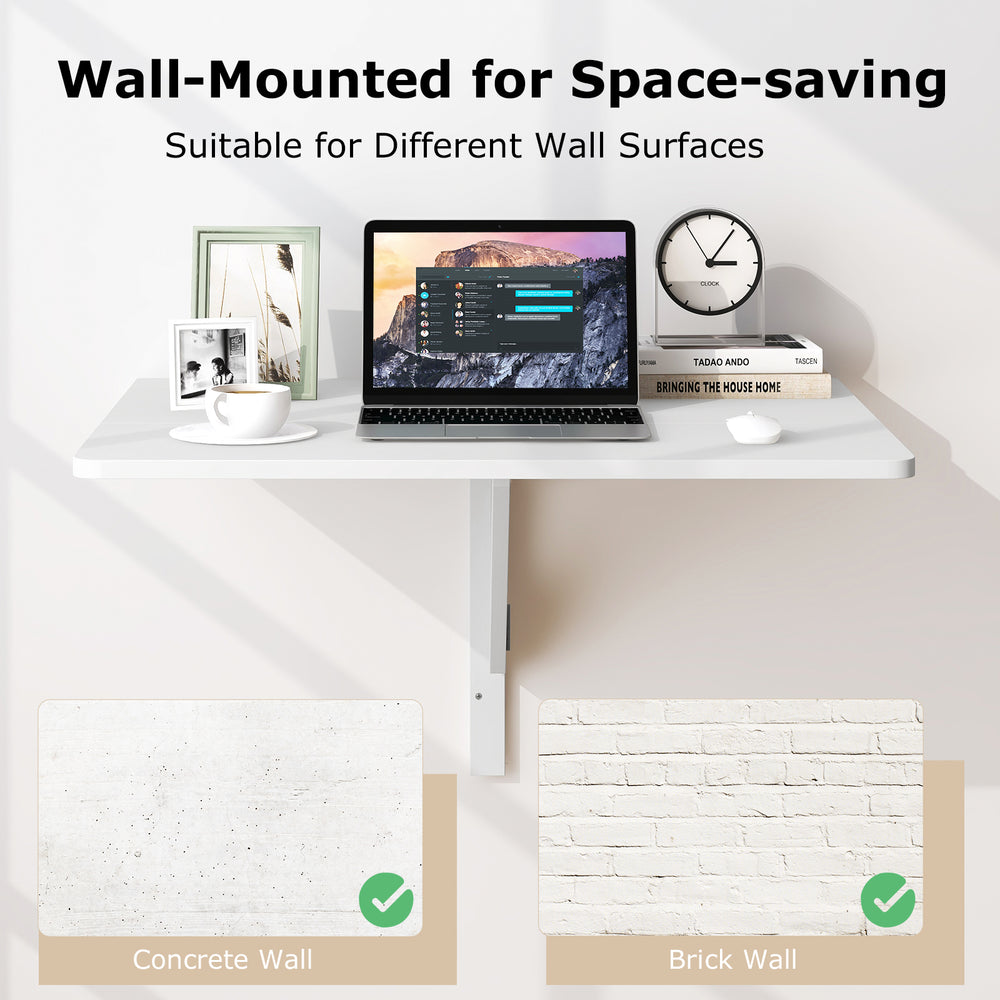 Wall-mounted folding table in white, showcasing its space-saving design, perfect for kitchens or small apartments.