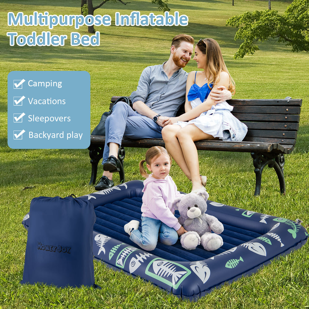 Inflatable toddler travel bed in blue with raised bed rails, ideal for camping, vacations, and sleepovers.