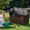 Outdoor bench with hand-woven PE rattan wicker, featuring hidden storage and a thick-padded seat cushion for comfort.