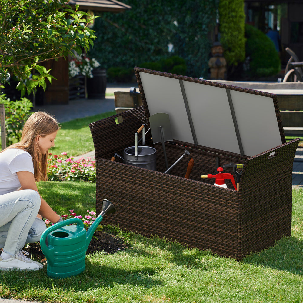 Outdoor bench with hand-woven PE rattan wicker, featuring hidden storage and a thick-padded seat cushion for comfort.
