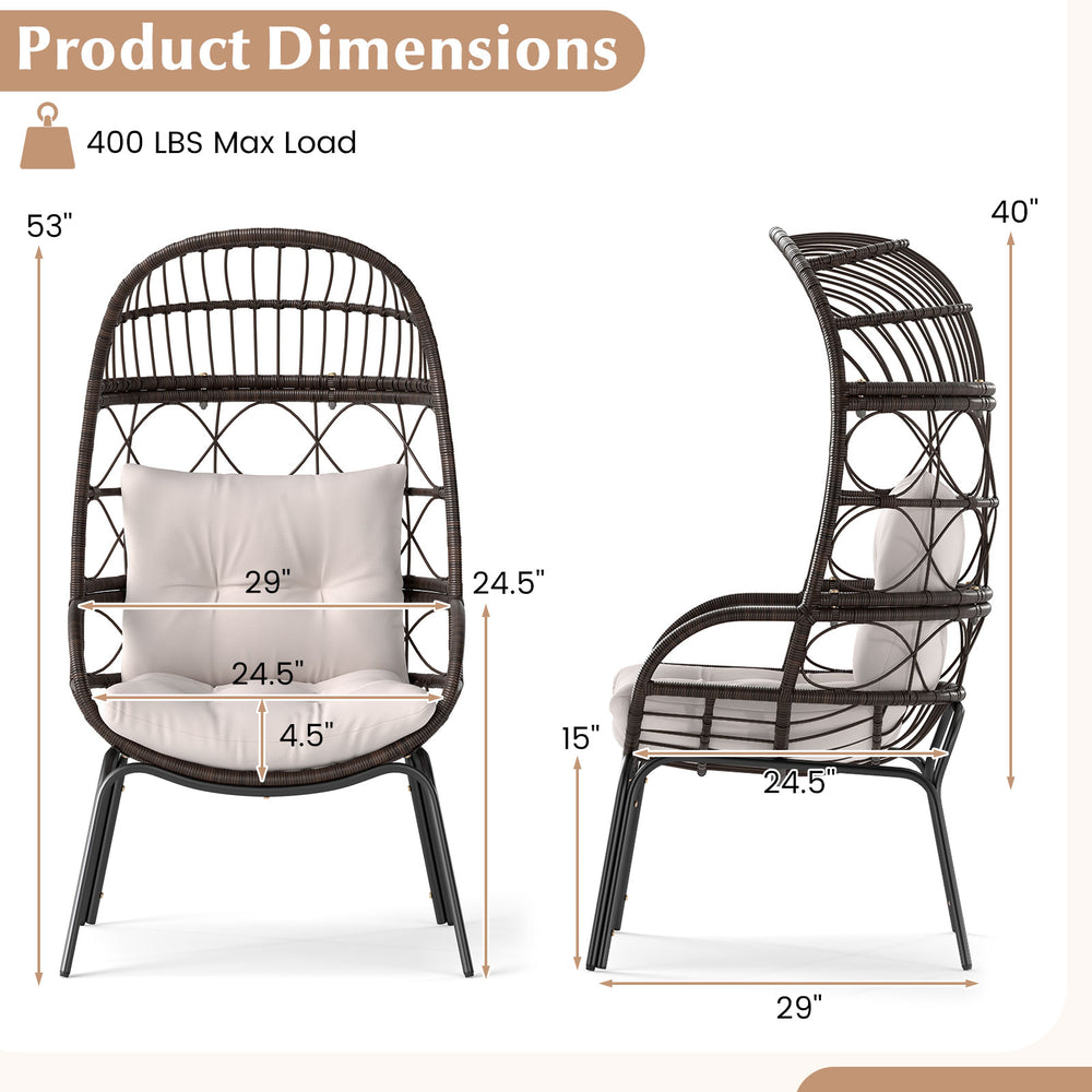 Patio wicker egg chair with ergonomic design, PE rattan, and soft cushions, suitable for outdoor and indoor use.