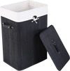 Rectangle black bamboo laundry hamper with lid, featuring PU handles and detachable cotton inner pocket for easy.